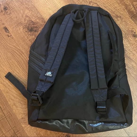 Adidas black full size backpack black nylon faux leather pockets zipper - Picture 5 of 9